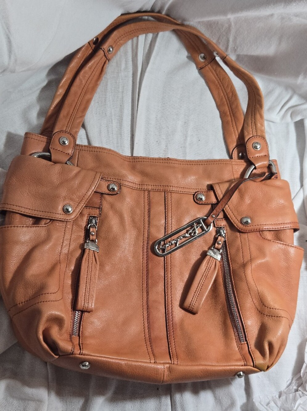 Orange Leather Tote Bag with Chain Accent